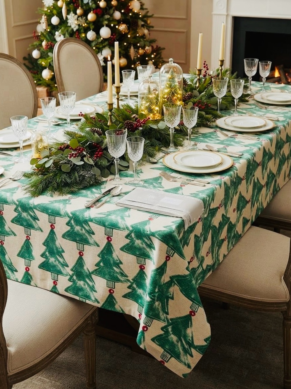 NWT❤️The Farmhouse Holiday Pine Tree Print Cotton Tablecloth sz60”x120”